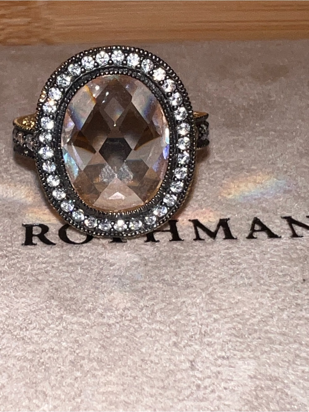 Freida Rothman clear pineapple cut stone with Halo Cocktail Ring. Size 7